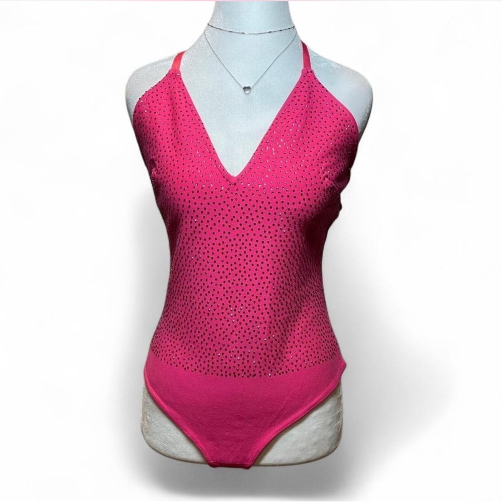 Karen Millen Hotfix Pink Sparkle Ponte Strappy Bodysuit Size Medium P-P …